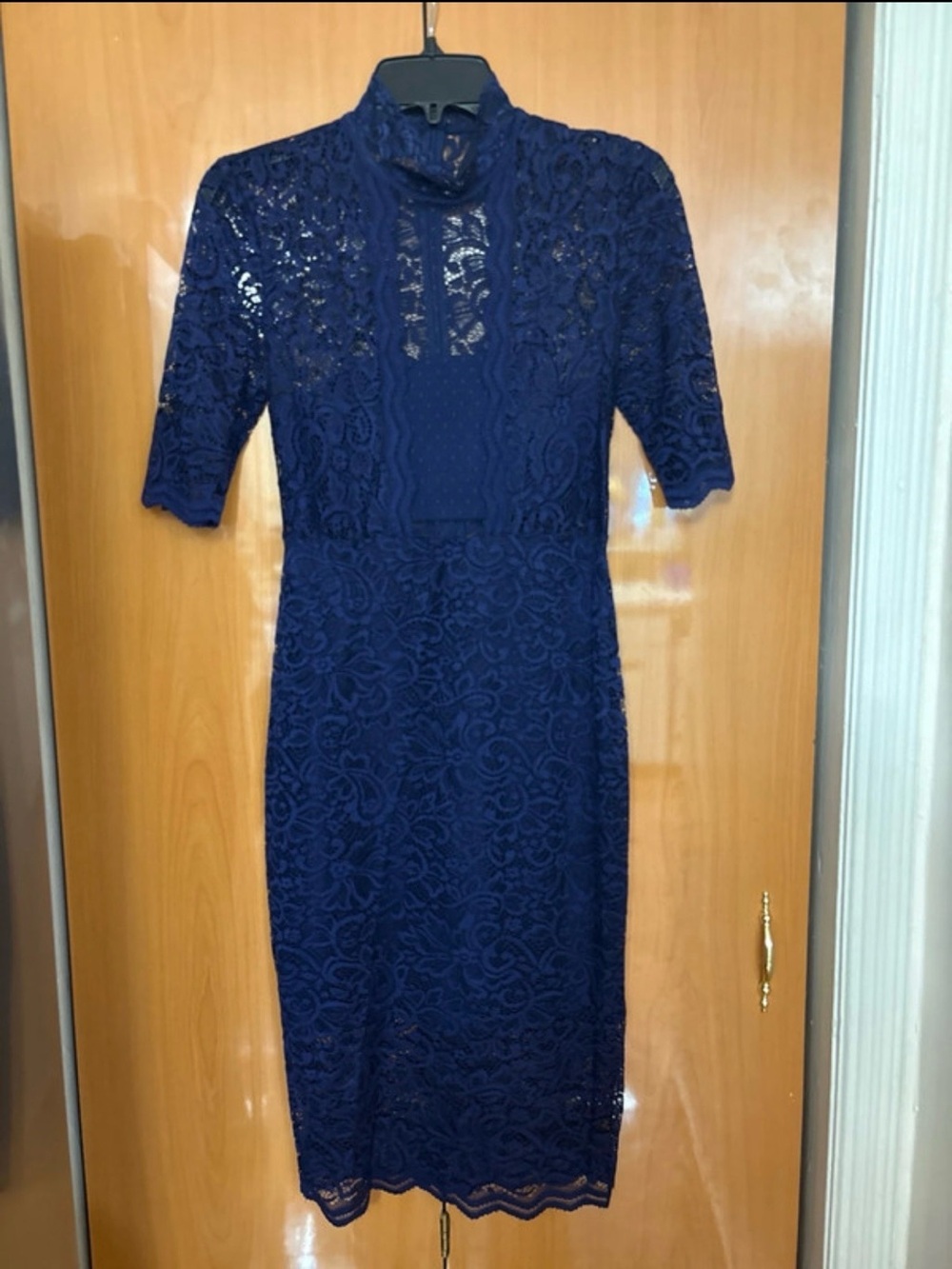 Navy Lace Midi Dress with High Neck